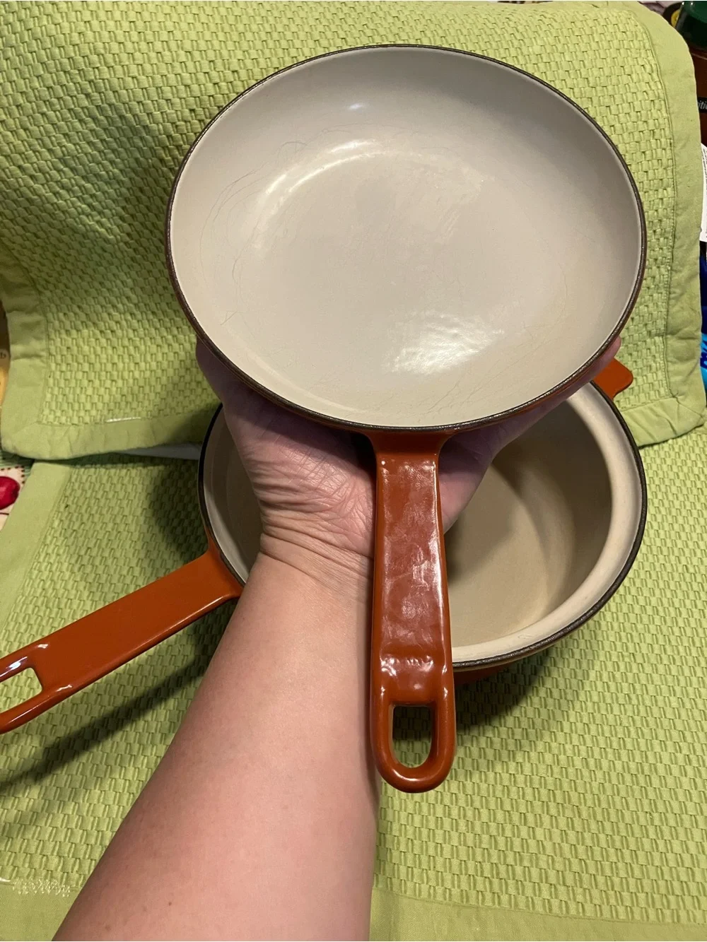 vintage Cousances/ Le Creuset #22 enamel cast iron pan set of 2